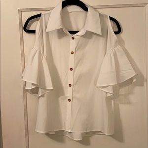 White button down blouse w/ cut out shoulders